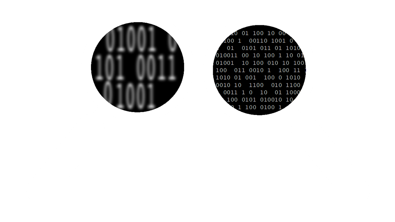 Two magnifying glasses examining binary code